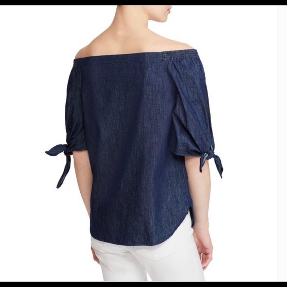 Lauren Ralph Lauren Blue Cotton Denim Off Shoulder Tie Sleeve shirt
